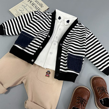 儿童条纹外套春秋季新款婴儿长袖V领开衫衣服男宝宝韩版秋款上衣