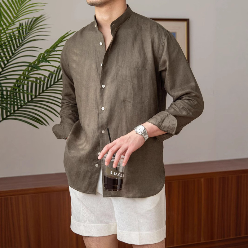 Commuting, Casual, Breathable, Pure Linen Long-Sleeved Shirt, Versatile Vacation Stand-Up Collar Shirt, Men's Henley Collar Top