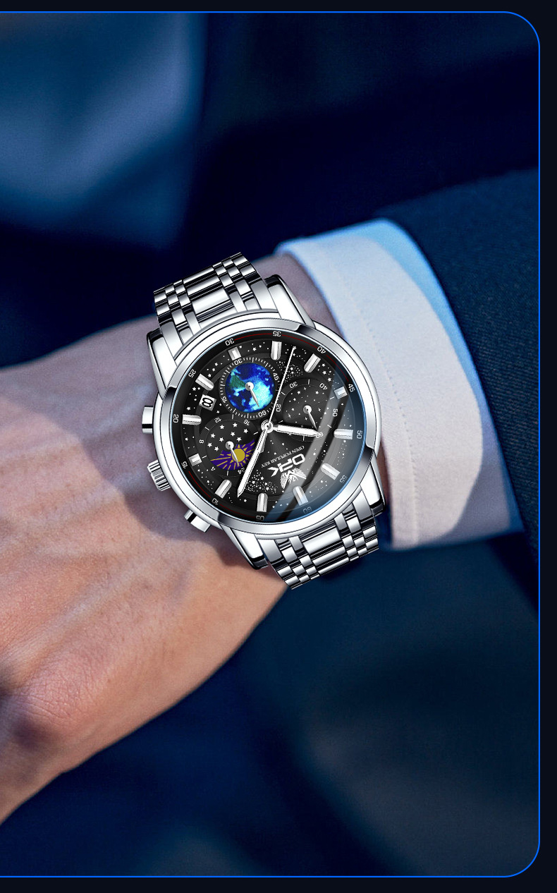 Opk Men's Quartz Watch Moon Phase Chronograph Glow Dial Wristwatch_voghion.com