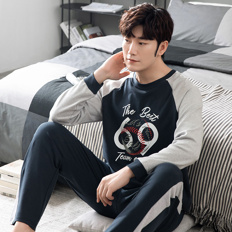 Nuevo traje de ropa para el hogar de algodón puro para hombres pijamas pantalones de algodón de manga larga para hombres delgados de primavera y otoño se pueden usar fuera suéter de cuello redondo