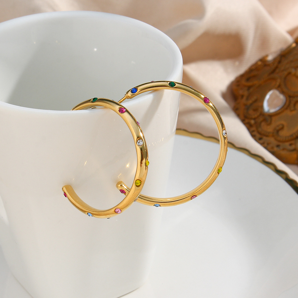 Fashion Stainless Steel Plated 18K Gold Oversized Zircon Inlaid Earrings