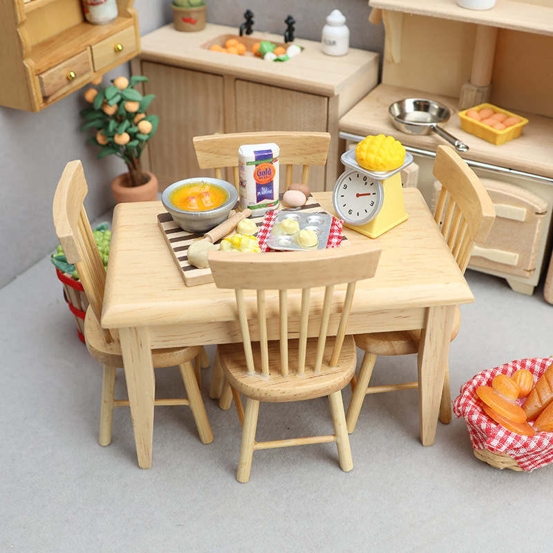 1:12娃娃屋dollhouse迷你家具模型袖珍玩具 木质方形餐桌椅5件套