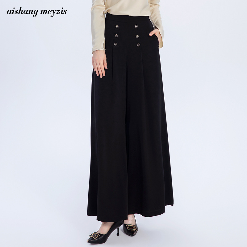 Black Stylish Double-Breasted Wide-Leg Pants for Women, 2025 Spring New Style, Elegant and Unique Drapey Long Trousers, Dress Pants Black Stylish Double-Breasted Wide-Leg Pants for Women, 2025 Spring New Style, Elegant and Unique Drapey Long Trousers, Dress Pants