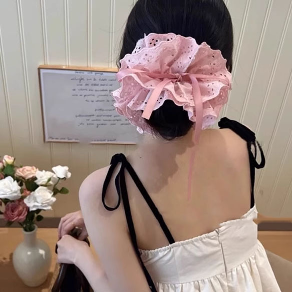 Primavera y verano, esbeltas nubes de color crema francesa de alta calidad, lazo para el cabello grande, cola de caballo, lazo de intestino grueso, tocado, flor para la cabeza