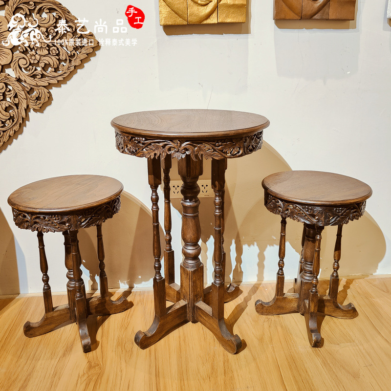 Thai Teak French Antique Corner Furniture Leisure Table Low Stool Vintage Medieval Table Balcony Coffee Table Decoration