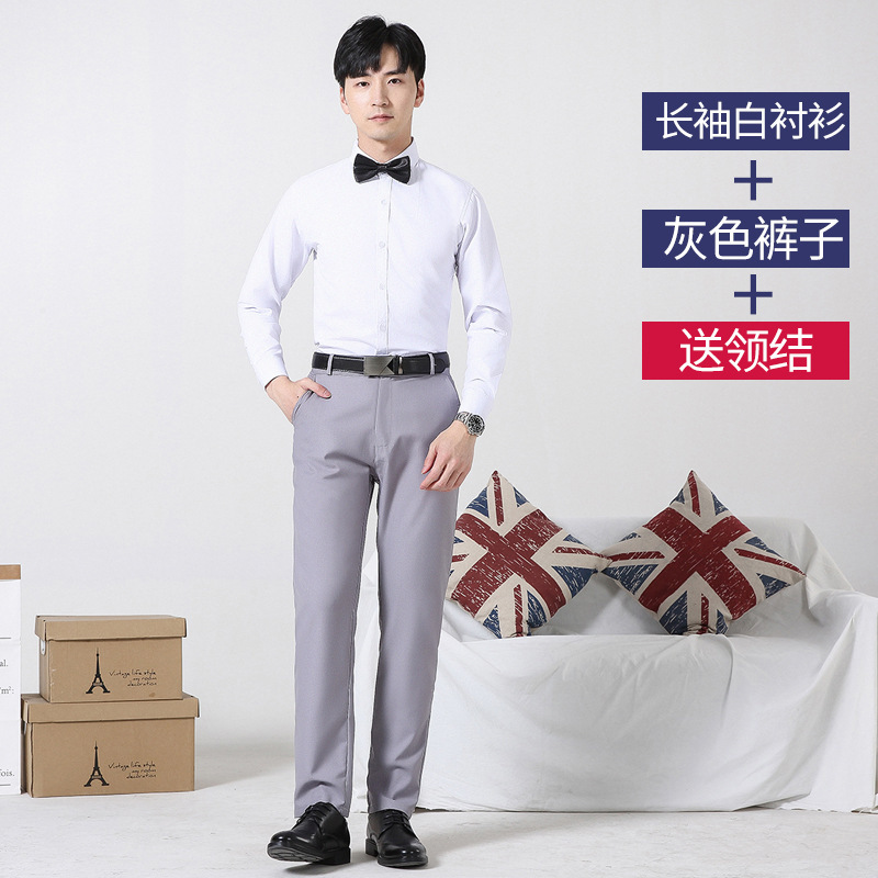 Long-sleeved white shirt + light gray pants with free bow tie / M