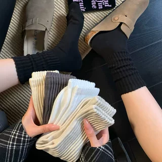 纯色复古粗针男女同款堆堆袜搭配勃肯鞋秋冬竖条显瘦百搭堆堆袜