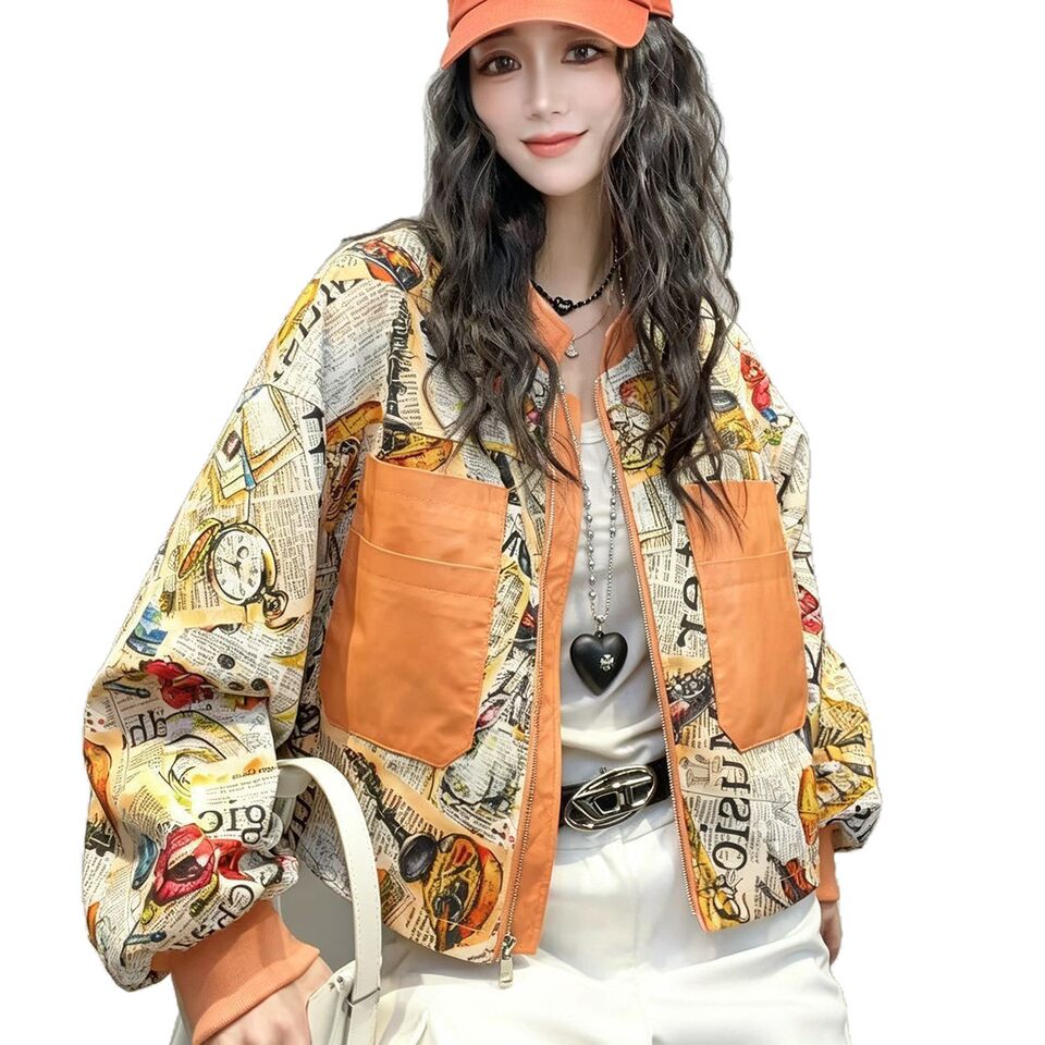 Áo khoác cardigan nữ dáng rộng họa tiết retro in 3D cổ đứng khóa kéo — Màu cam, Màu hồng