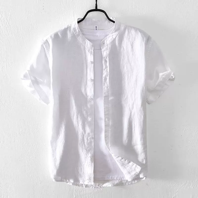 L941 Рубашка из чистого льна в японском стиле с коротким рукавом и воротником-стойкой, мужская летняя тонкая Молодежная свободная льняная рубашка с коротким рукавом для мужчин
