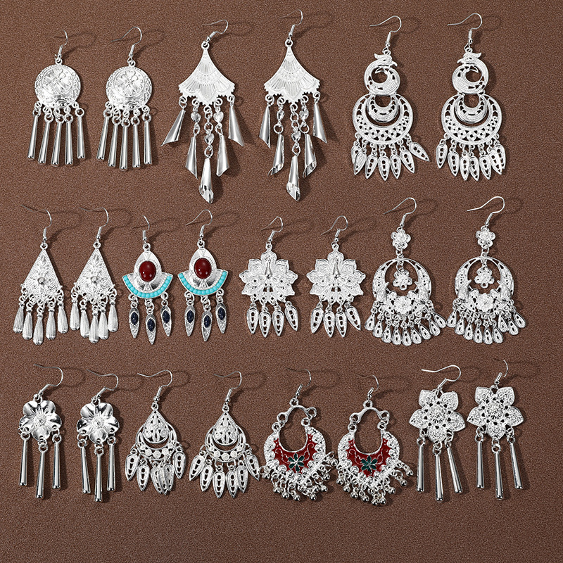 Ethnic minority style Miao silver tassel earrings retro personality Yunnan Miao exaggerated long double-layer earrings female earrings Ethnic minority style Miao silver tassel earrings retro personality Yunnan Miao exaggerated long double-layer earrings female earrings