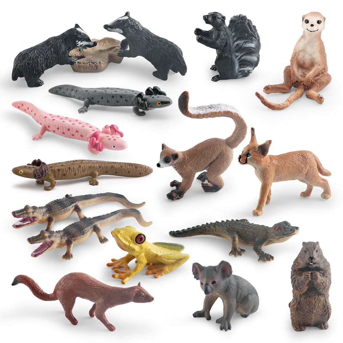 Simulación transfronteriza bosque animal de cola larga mono rana de árbol cocodrilo Koala Weasel mofeta tejón salamandra modelo adornos