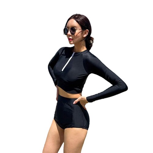 Korean Version New Split Diving Suit Pure Black Sunscreen Jellyfish Top Long Sleeve Shorts Swimsuit Surfing Suit for Women Hot Spring