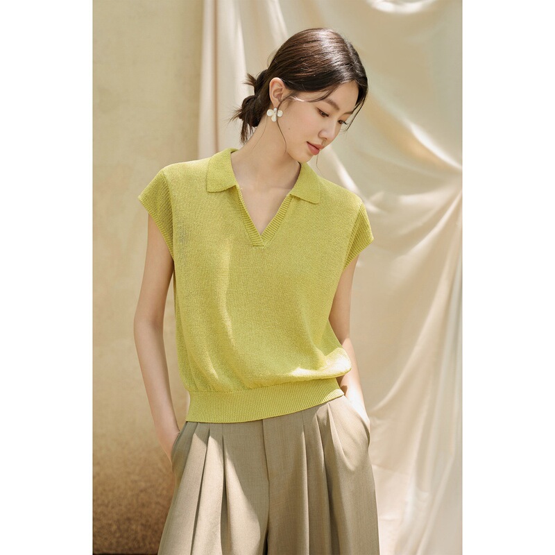 Jansan Silk and Paper Yarn Breathable Polo Collar V-Neck Short-Sleeve Knit T-Shirt for Women