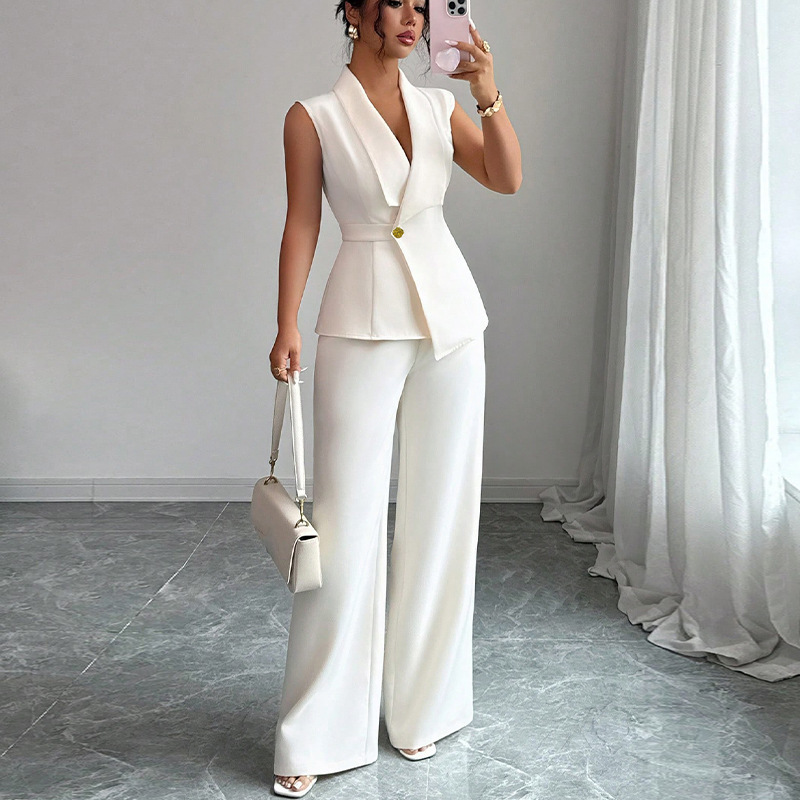 Cross-Border European and American Elegant Style Pure Color Vest Straight Pants Suit for Women 2025 Autum Amazon Export Clothing Suit