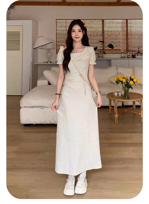 [Original Rayon] Easiest for Match Pear-Shaped Square Neck Dress for Women Summer 2024 New Style with Small Puff Sleeves and Long Sleeves