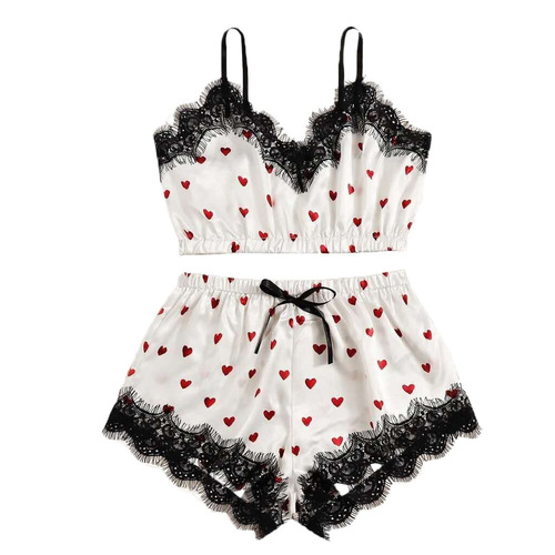 Lingerie Western Bestseller Sexy Lace Heart Print Halter Edge Shorts Women's Nightgown Set of Two