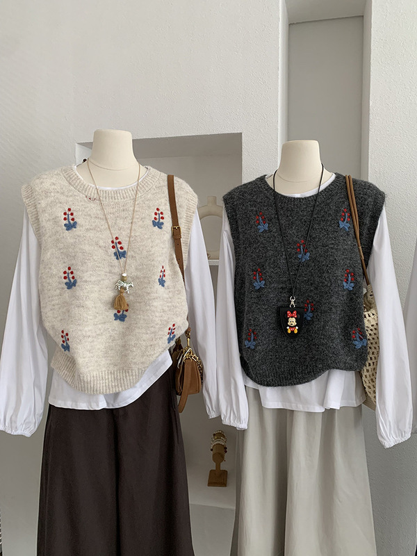 衣长55胸围50 羊驼绒针织毛衣马甲上衣花卉绣花精品时尚套头衫|undefined