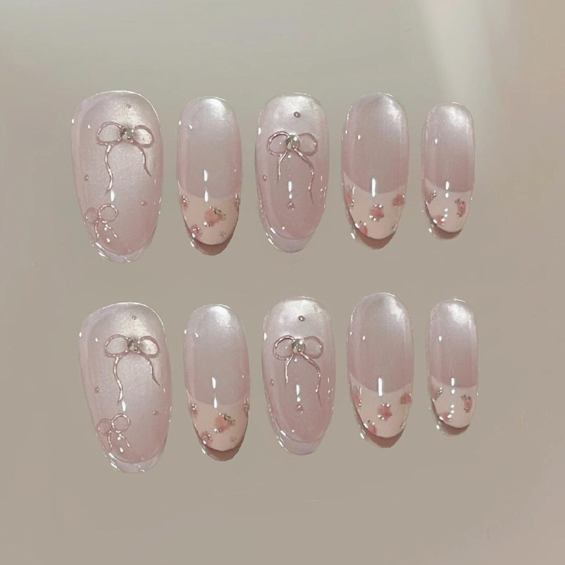 Nail Art Handmade Gentle Pink Cat's Eye Bow French Elegant Nail New Style Patch Removable High-grade White Display Nail Art Handmade Gentle Pink Cat's Eye Bow French Elegant Nail New Style Patch Removable High-grade White Display