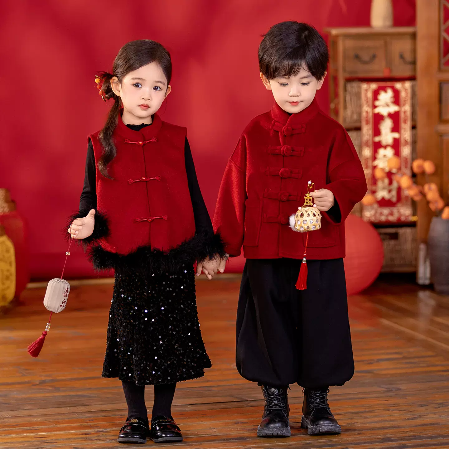 幼儿园元旦演出服拜年服呢子套装冬季汉服新中式男女宝宝拜年服装