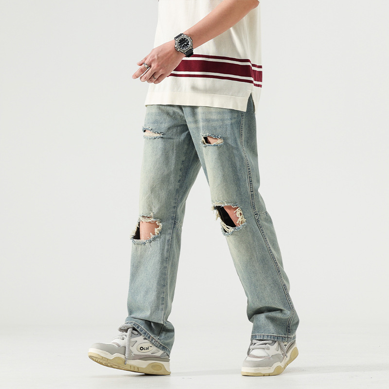 Men's clothing | Ripped wash Denim wide-leg pants 2023 spring and summer new European and American fashion brand street wide-leg pants men