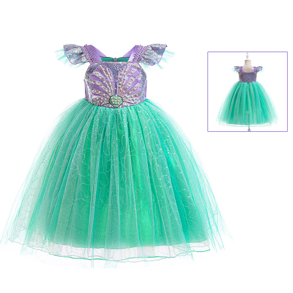 Nuevo vestido de princesa de sirena de niñas con sequillas de malla de camisa de manga de vuelo pequeño vestido luminoso de cosplay image 1