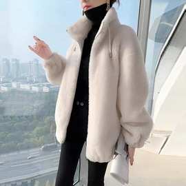 2021新款冬季真毛颗粒减龄大衣立领保暖高品质双面绒卫衣拉链外套