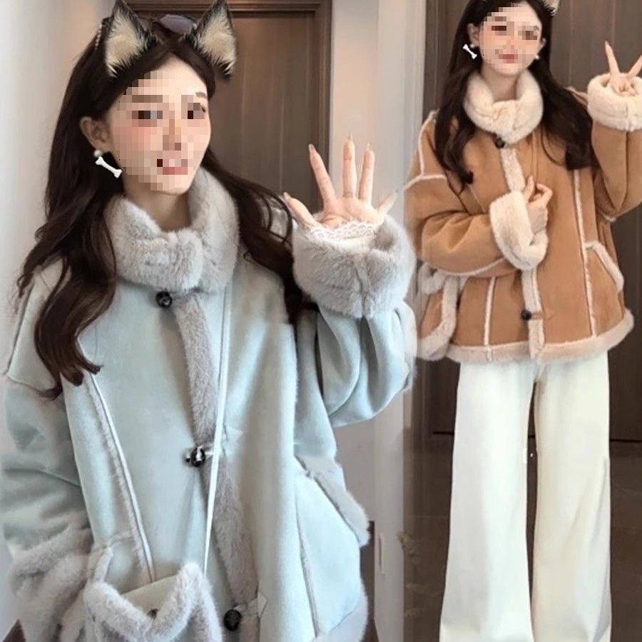 Lapel Fur Outwear Women's Short 2025 New Autumn and Winter Korean Style Loose Motorcycle Jacket Thickeneded Fur One-Piece Top