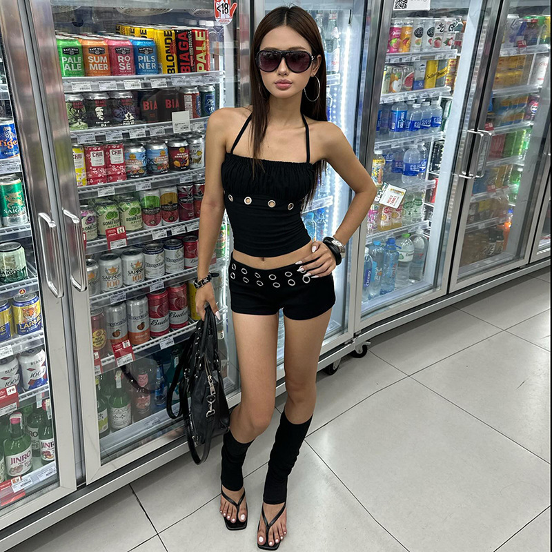 跨境欧美风2025秋季新款女装朋克风金属环辣妹抹胸上衣短裤两件套|undefined
