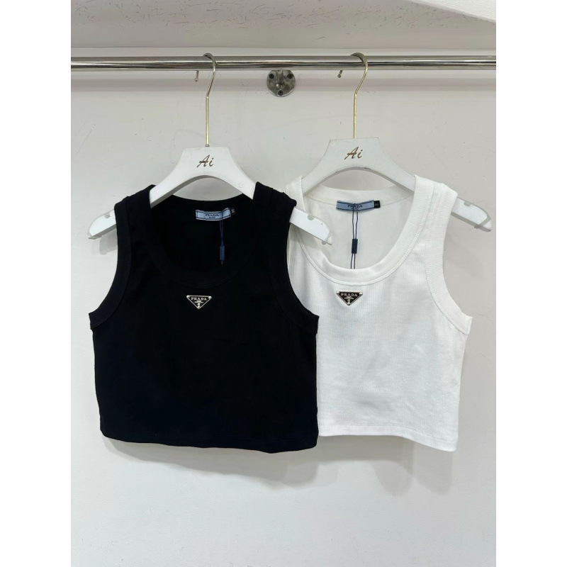 High-end classic summer P-brand knitted ribbed tank top with metal triangle logo, elastic slim-fit camisole for women