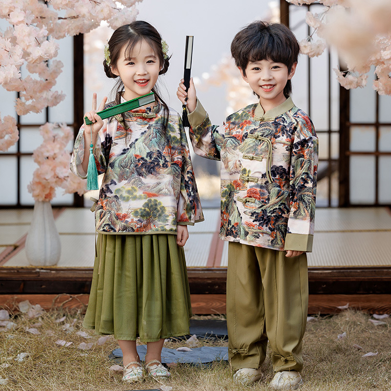 Class uniform for kindergarten, ancient Chinese style Hanfu for boys, 2024 spring performance, poetry recitation performance suit for girls, spring and autumn style