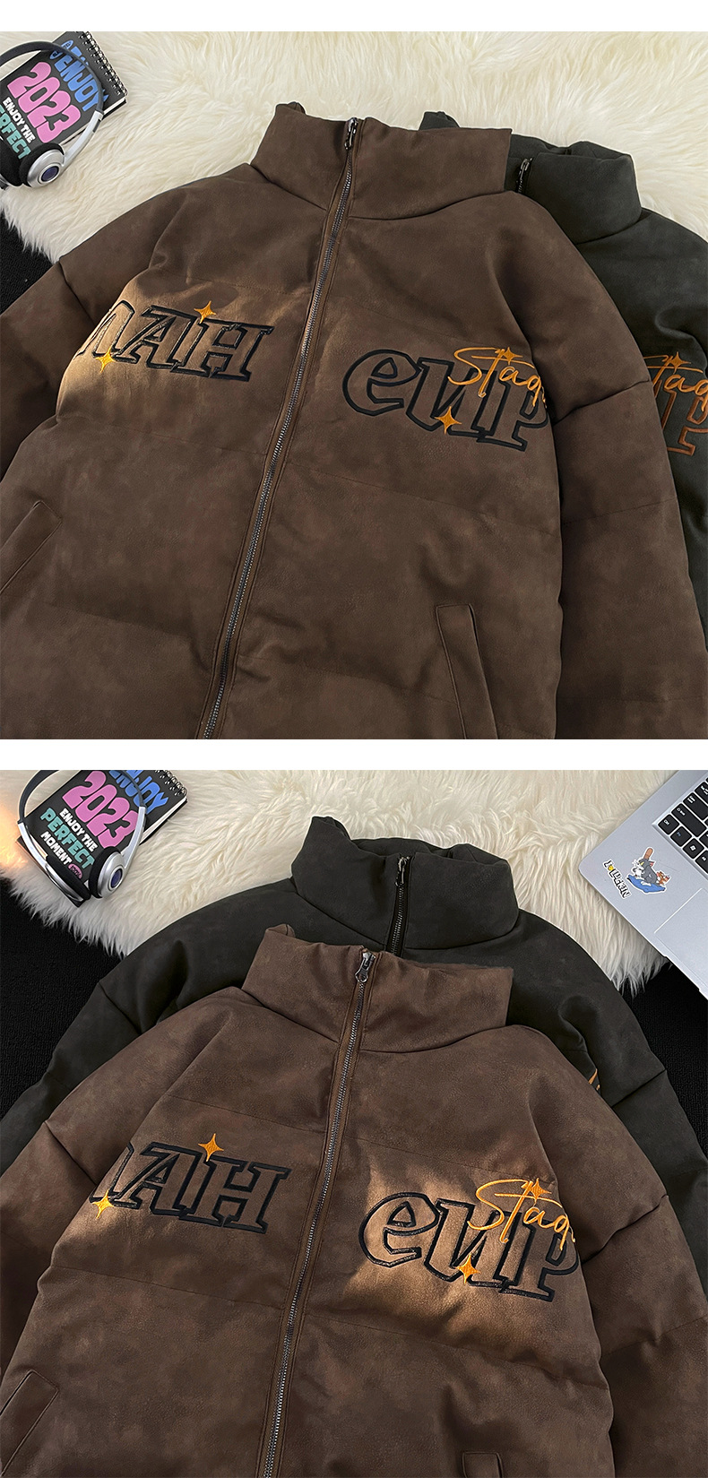 Vintage Embroidered PU Leather Down Jacket Cotton Jacket For Men And Women Winter Thickened Oversize Loose Leather Jacket Ins Tide_viptrois.com