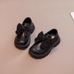 Children's Little Leather Shoes 2025 Spring and Autumn New Princess Girl Slip-On Black Soft Sole Loafers with Bow
