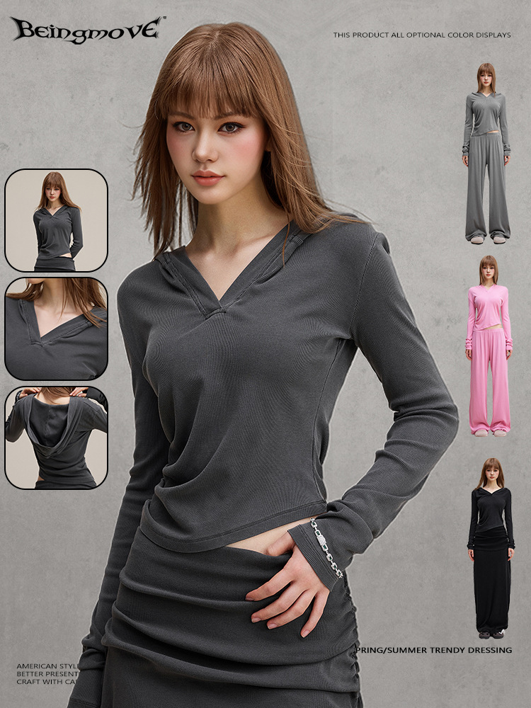 Calle secada| 2025 otoño americano color sólido caliente delgado cintura corta con sombrero de cuello en V camiseta de manga larga ropa de mujer