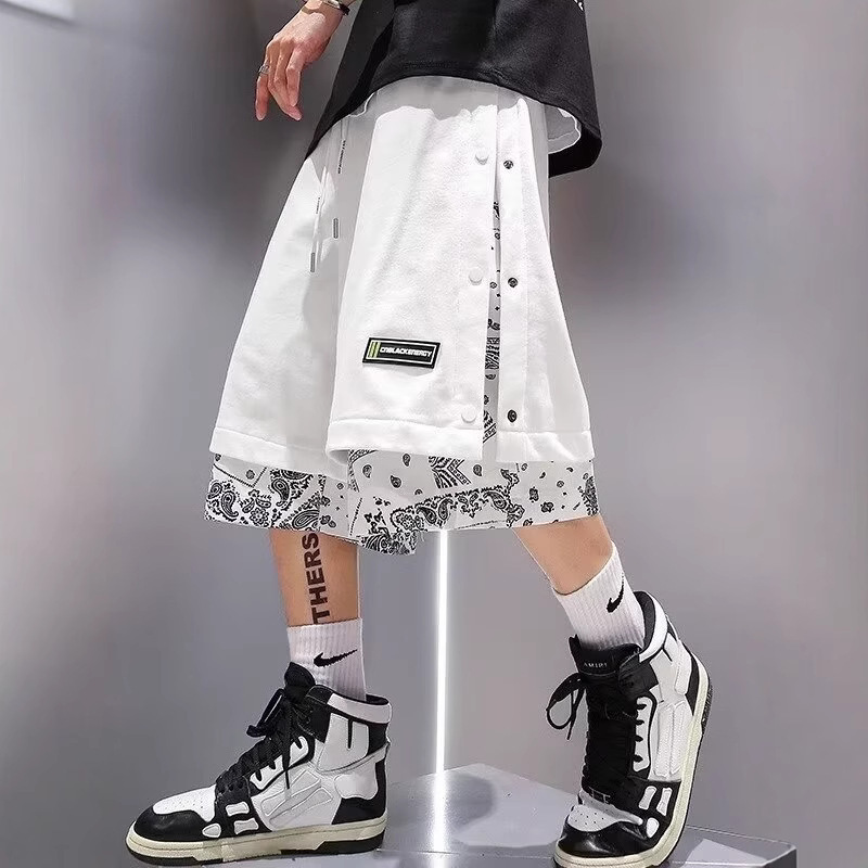 Fake Two-Piece Over-The-Knee Hong Kong Style Shorts for Men, Thin, Loose and Trendy Summer Cashew Flower Splicing Buttoned Casual Pants