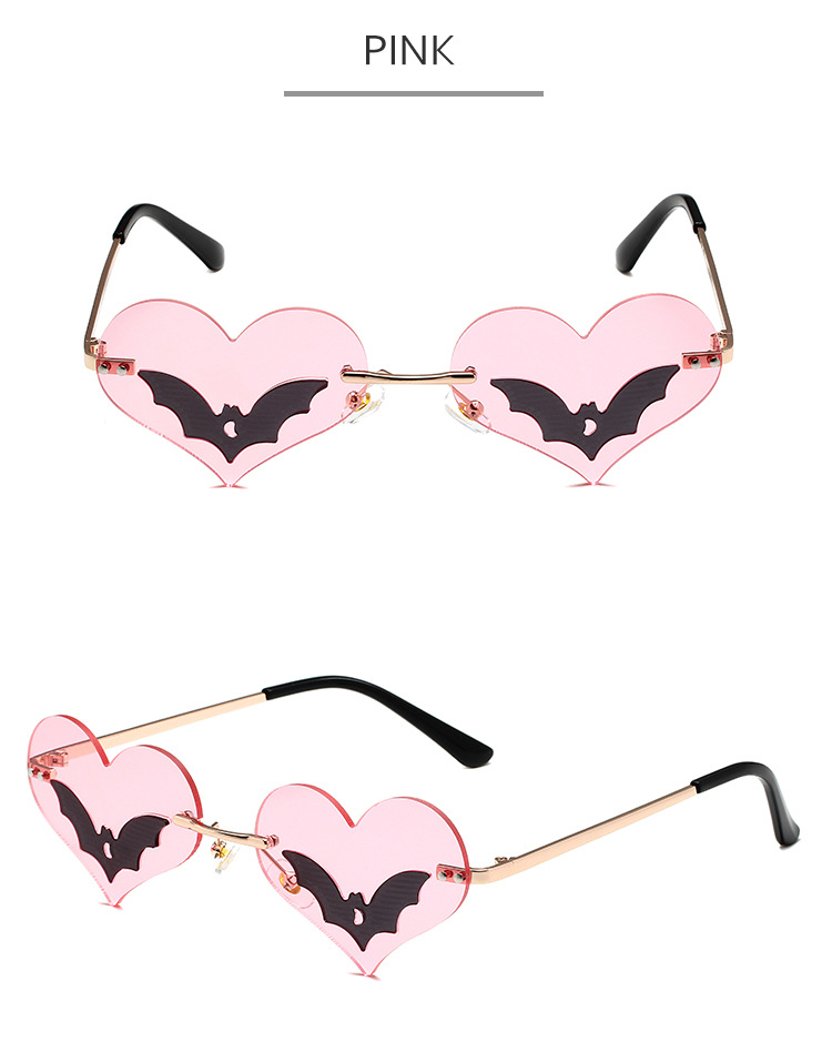 36g Weight Frameless Glasses Structure Sunglasses Classification PC, UV400 Protection Lens Material Special-Shaped Mirror Glasses Style Daily, Street Occasion Halloween Festival Heart Shape, Bat Pattern Unisex Gender Streetwear Style Black Color Streetwear Heart Shape Bat PC UV400 Protection Special-Shaped Mirror Frameless Women's Sunglasses 8