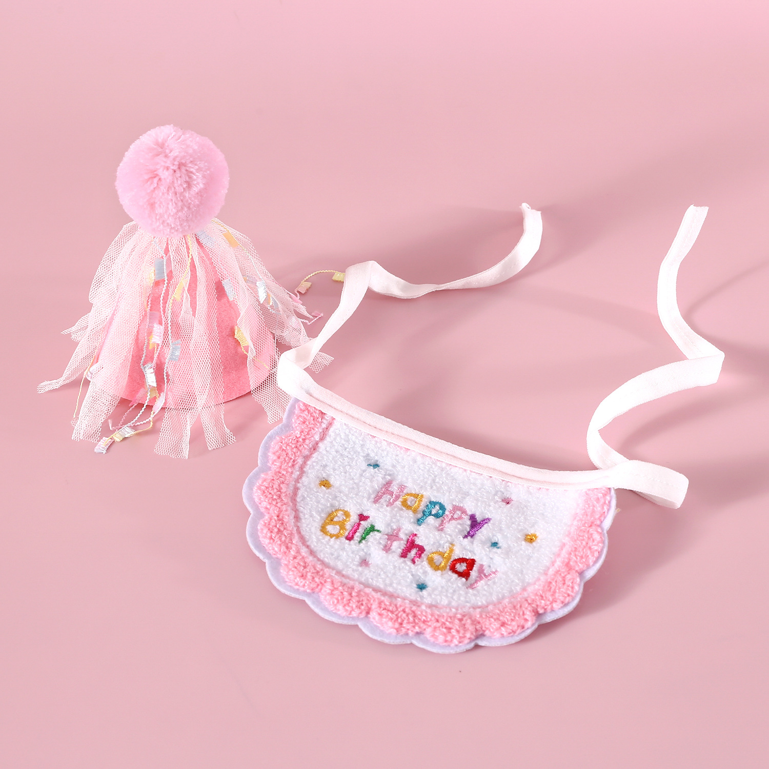 Juego de cumpleaños para mascotas, gorro de bola con flecos, bordado, feliz cumpleaños, lunares, gato, perro, fiesta de perros, babero, tocado image 7