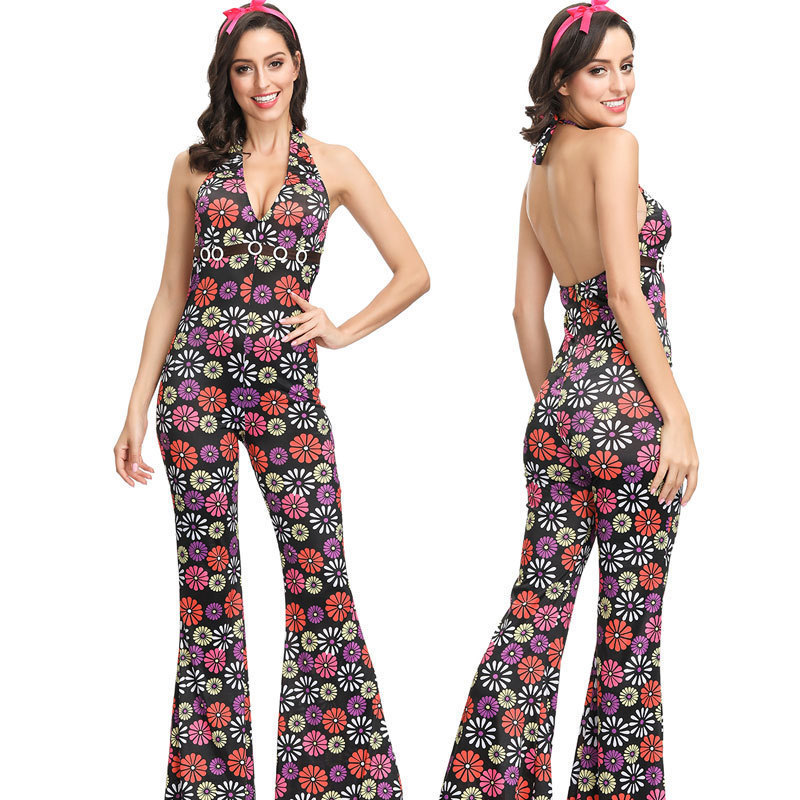 Halloween 70 s Costume Retro Hippie Disco Playing Costume Masquerade Party One-Piece Costume