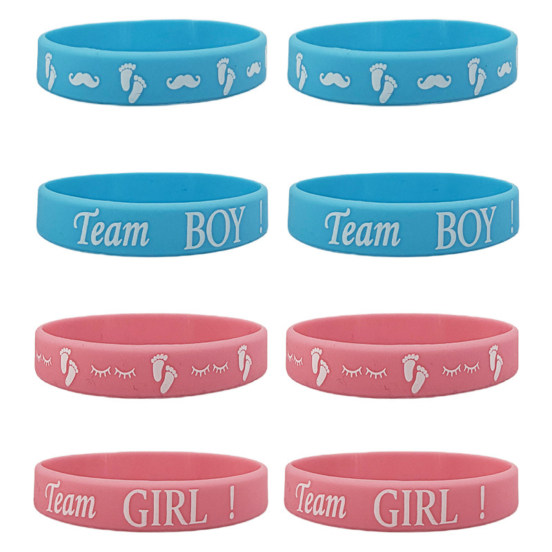 Gender revelador en stock Party Bracelet de silicona TeamBoy / Girl Baby Blue Pink Bracelet de goma para niños y niñas
