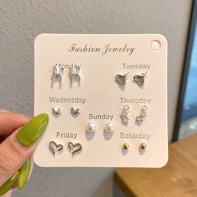 Earrings set, small elegant studs 2–12 pcs, pearl and charming motif designs