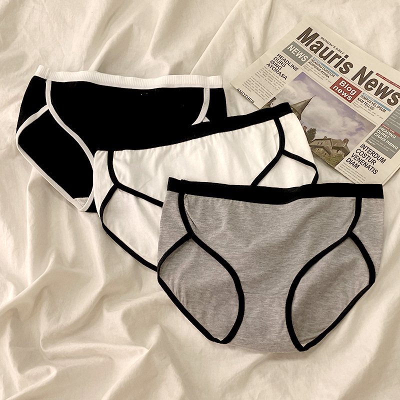 Sports-Style Minimalist Women's Mid-Waist Panties, Japanese-Style Black and White Cotton Crotch, Women's Briefs, Hip-Lifting, Wholesale