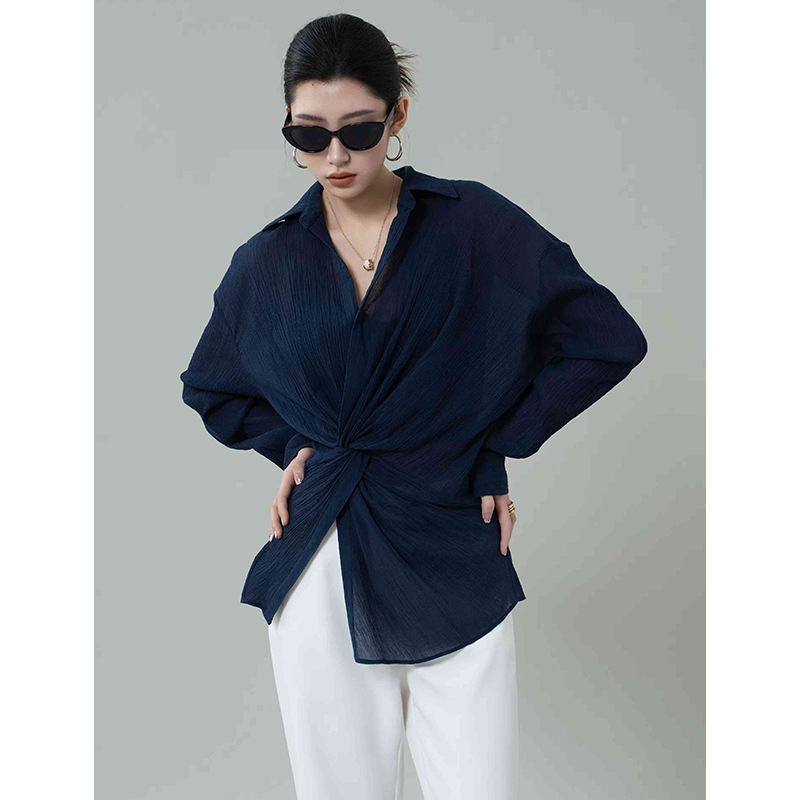 荣太解构不对称纯棉肌理感衬衫女2025春夏扭结宽松廓形翻领衬衣