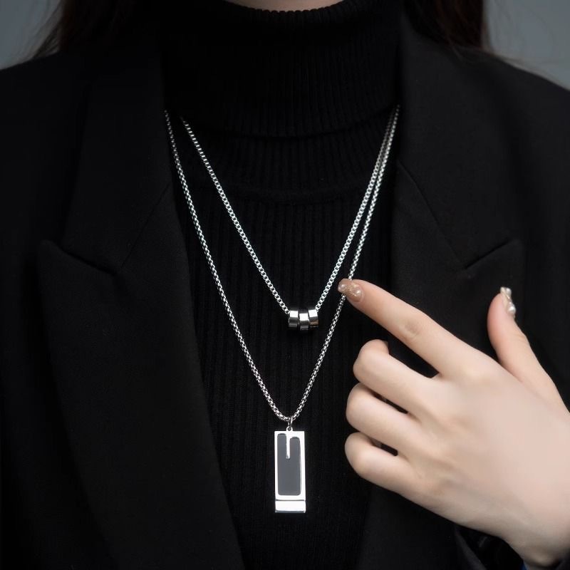 Unisex Titanium Steel Necklace With Double Square Pendant Jewelry_voghion.com