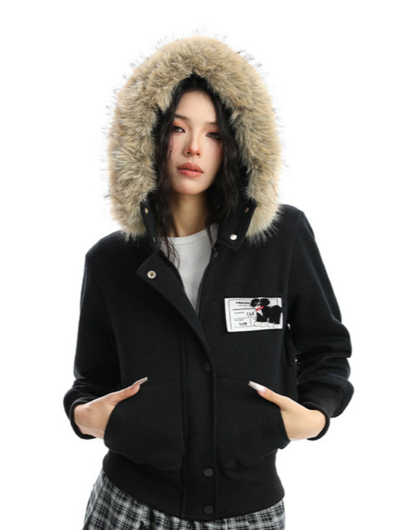 美式可拆卸大毛领连帽开衫拉链外套女春秋季新款韩系辣妹休闲夹克|undefined