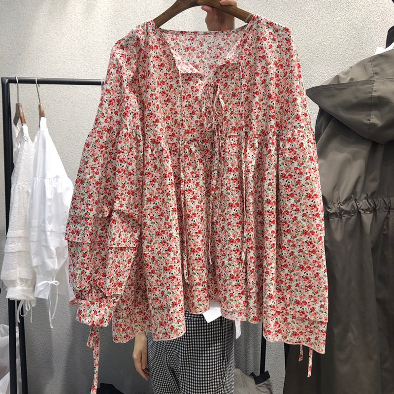 2022 Spring New Korean Dongdaemun Women's Loose Sweet Bow Doll Shirt Shirt Floral Top Trendy