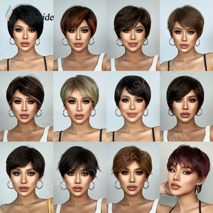 New Daily Color Wig Women's Short Hair New Straight Hair Wig Rose Net Mechanism High Temperature Silk Full Head Cover Brown