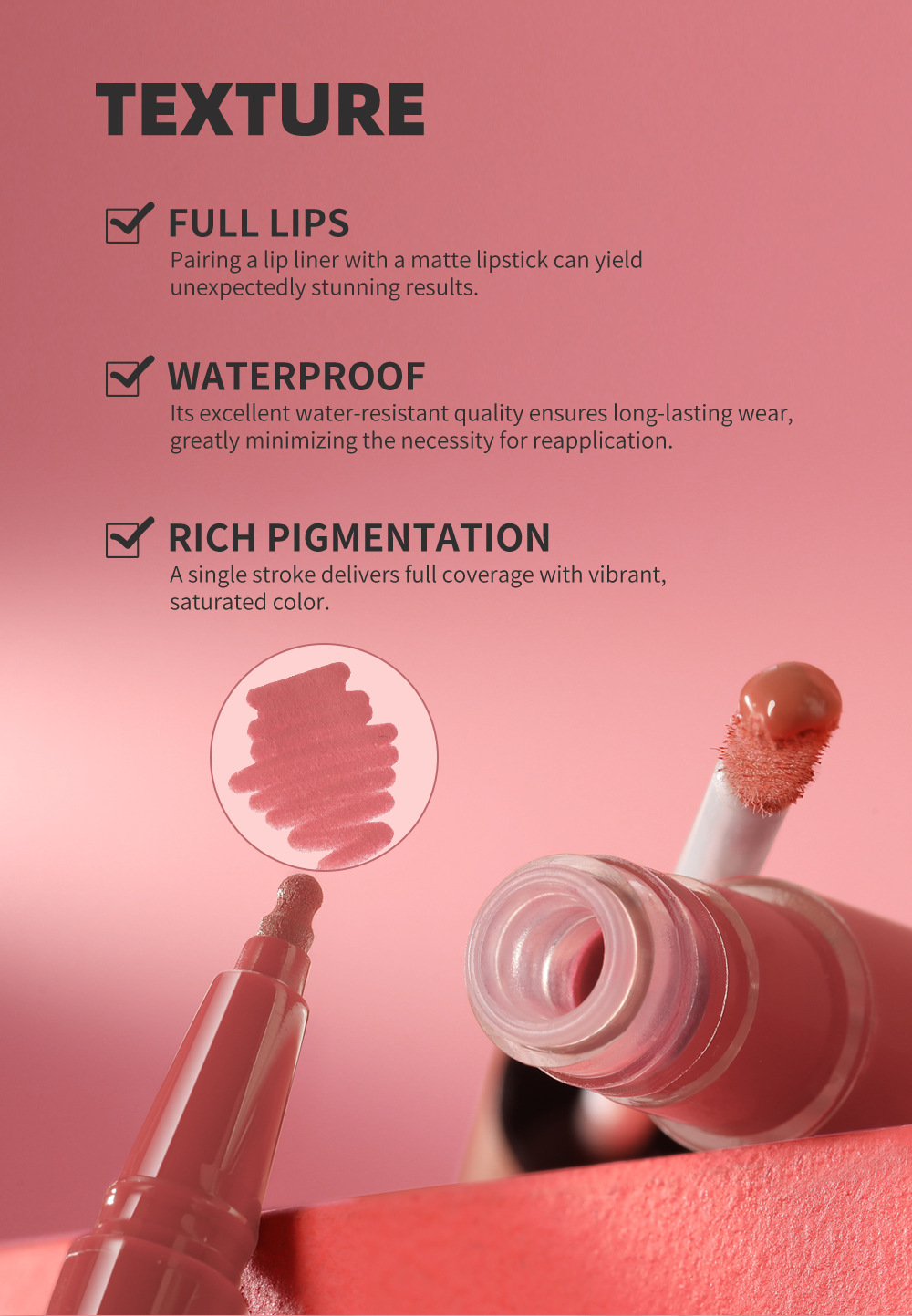 YOUNG VISION Lip Gloss + Lip Liner 2-piece Set. The gourd-tipped liquid lip liner is not easy to stick to the cup lip gloss Application Scenario