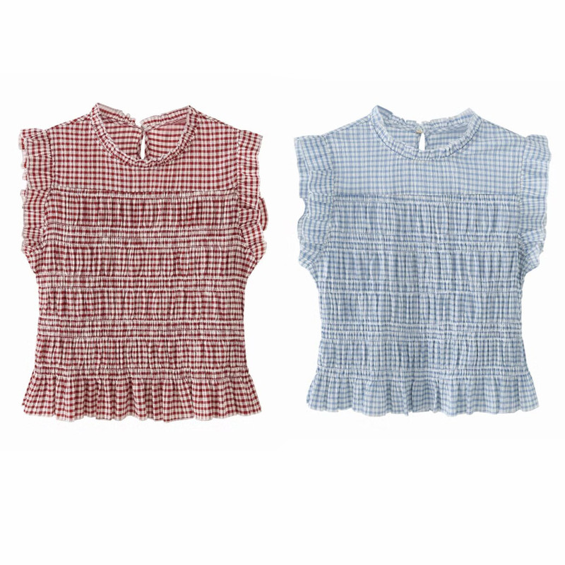 Taop&Za Women's Clothing 2026 Summer New Style European and American Style Slim Fit Pleated Plaid Honeycomb Top Short Sleeves 26096 Taop&Za Women's Clothing 2026 Summer New Style European and American Style Slim Fit Pleated Plaid Honeycomb Top Short Sleeves 26096