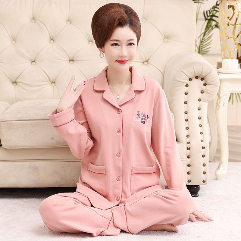Primavera y otoño pijamas mujeres de mediana edad y madres ancianas 100% algodón de manga larga Chaqueta de punto traje suelto más tamaño ropa para el hogar