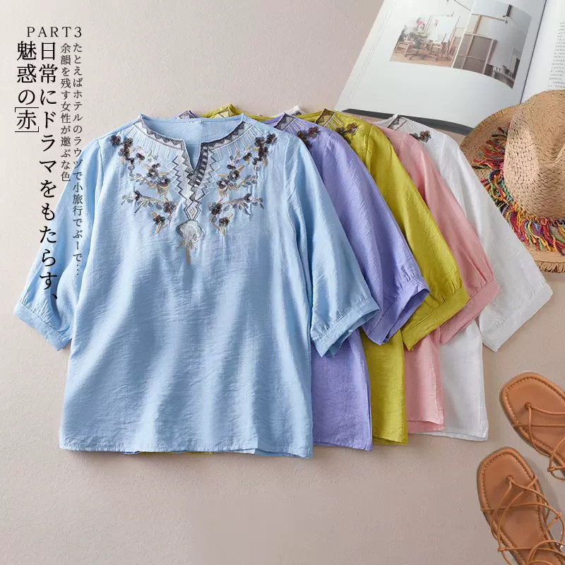 新款民族复古重工刺绣棉麻衬衫洋气休闲夏季套头小衫宽松文艺上衣