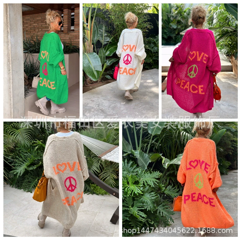 Новинка 2025 года, осенне-зимняя европейская и американская трансграничная жаккардовая вязаная куртка, удлиненный повседневный кардиган без пуговиц, свитер 5